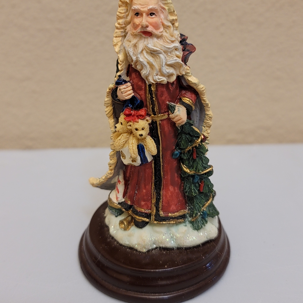 Festive Santa Figurine with Teddy Bear and Tree On Wooden Stand